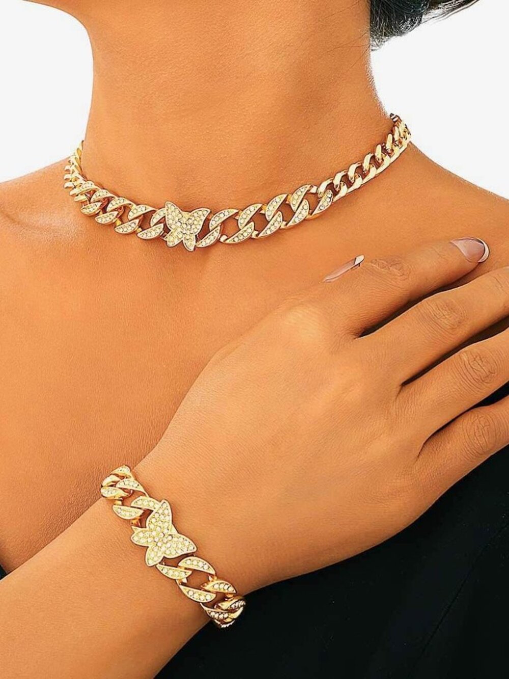 Cuban Rhinestone Choker Necklace Set Gold Butterfly Necklaces and Bracelet Jewel - Picture 5 of 6